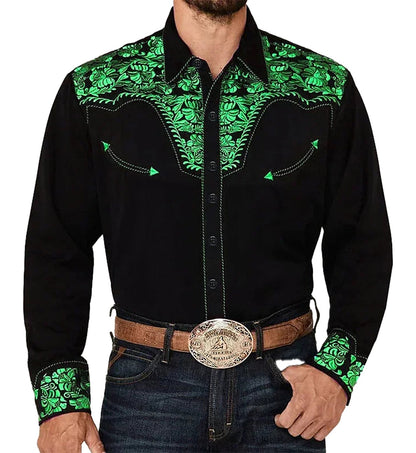 LuckeLadybug LLC Tribal Western Men's Shirt in Black with Green Floral Embroidery and Snap Buttons