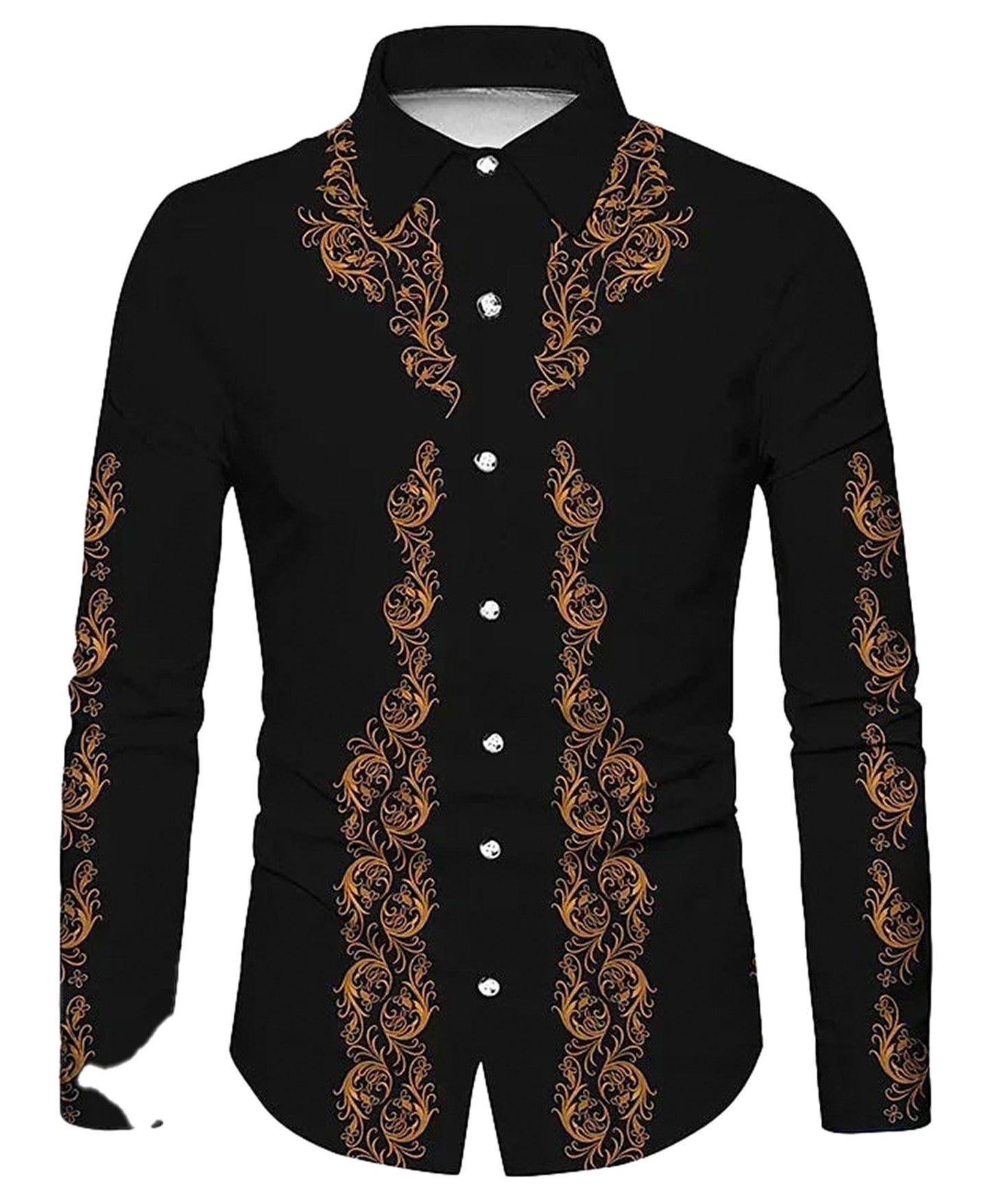 LuckeLadybug LLC tribal western men's shirt in black featuring intricate orange embroidery