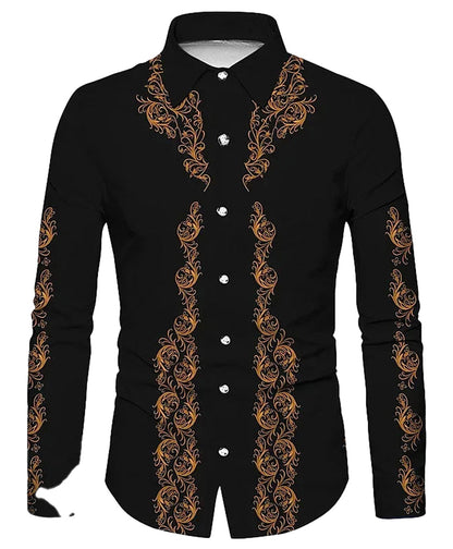 LuckeLadybug LLC tribal western men's shirt in black featuring intricate orange embroidery