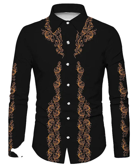 LuckeLadybug LLC tribal western men's shirt in black featuring intricate orange embroidery