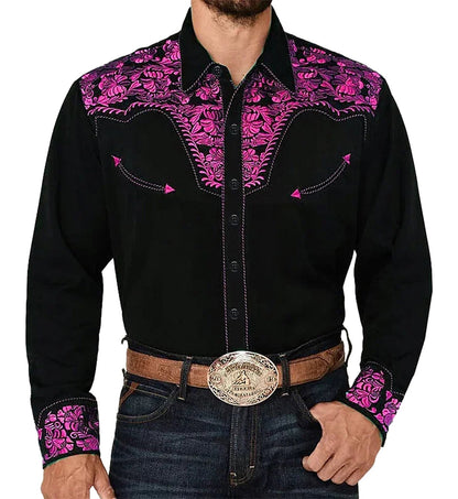 Tribal western men's shirt by LuckeLadybug LLC featuring intricate pink floral embroidery on a black background