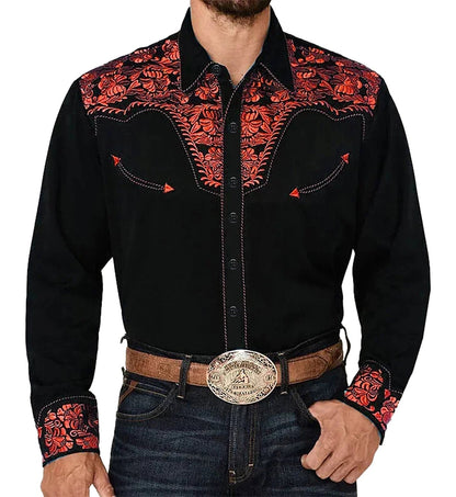 LuckeLadybug LLC tribal western men's shirt in black with red embroidery and decorative stitching