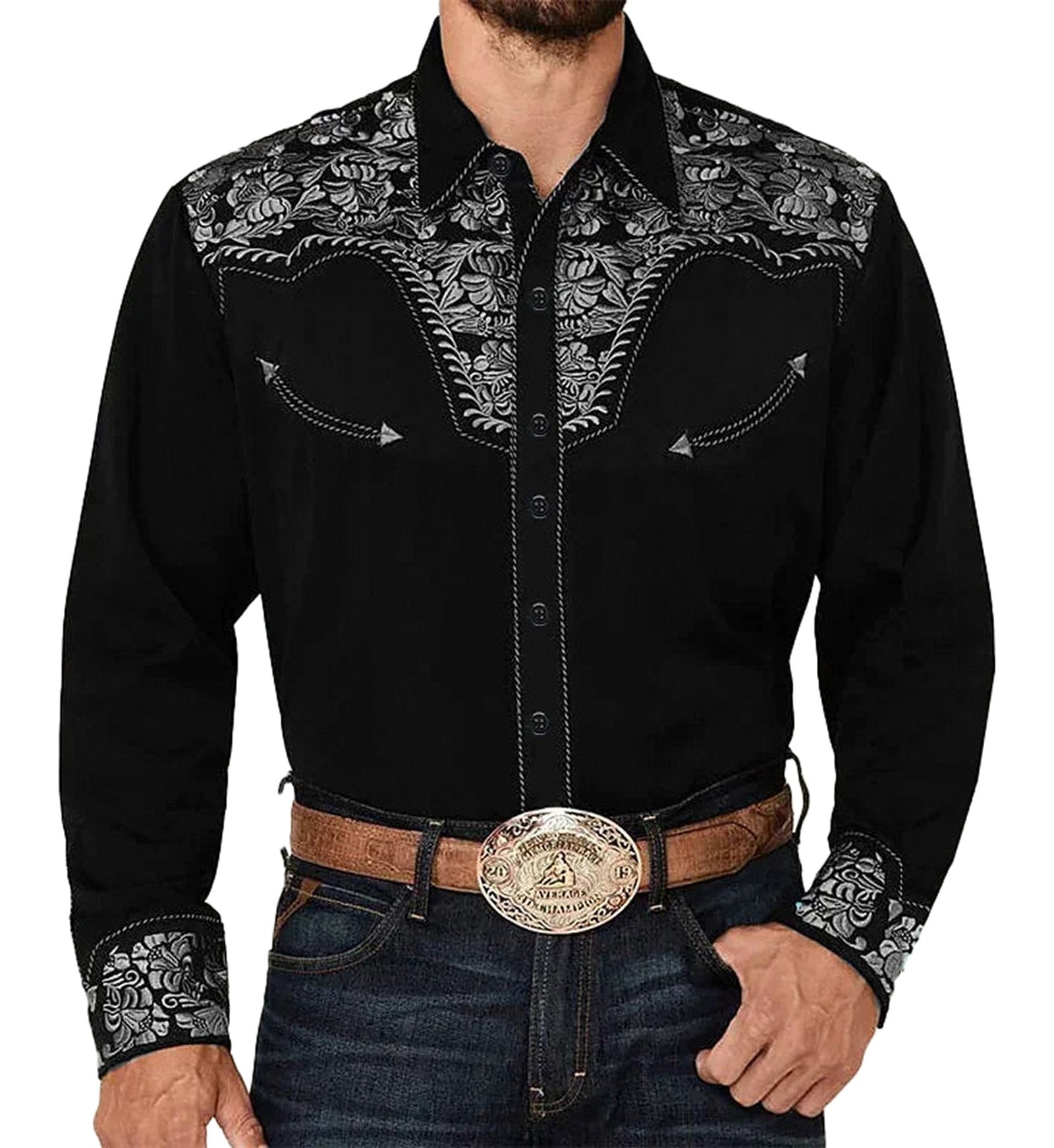 LuckeLadybug LLC tribal western men's shirt in black with intricate floral embroidery and snap buttons