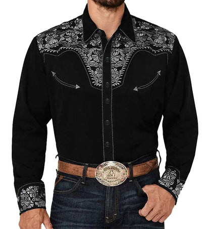 LuckeLadybug LLC tribal western men's shirt in black with intricate floral embroidery and snap buttons