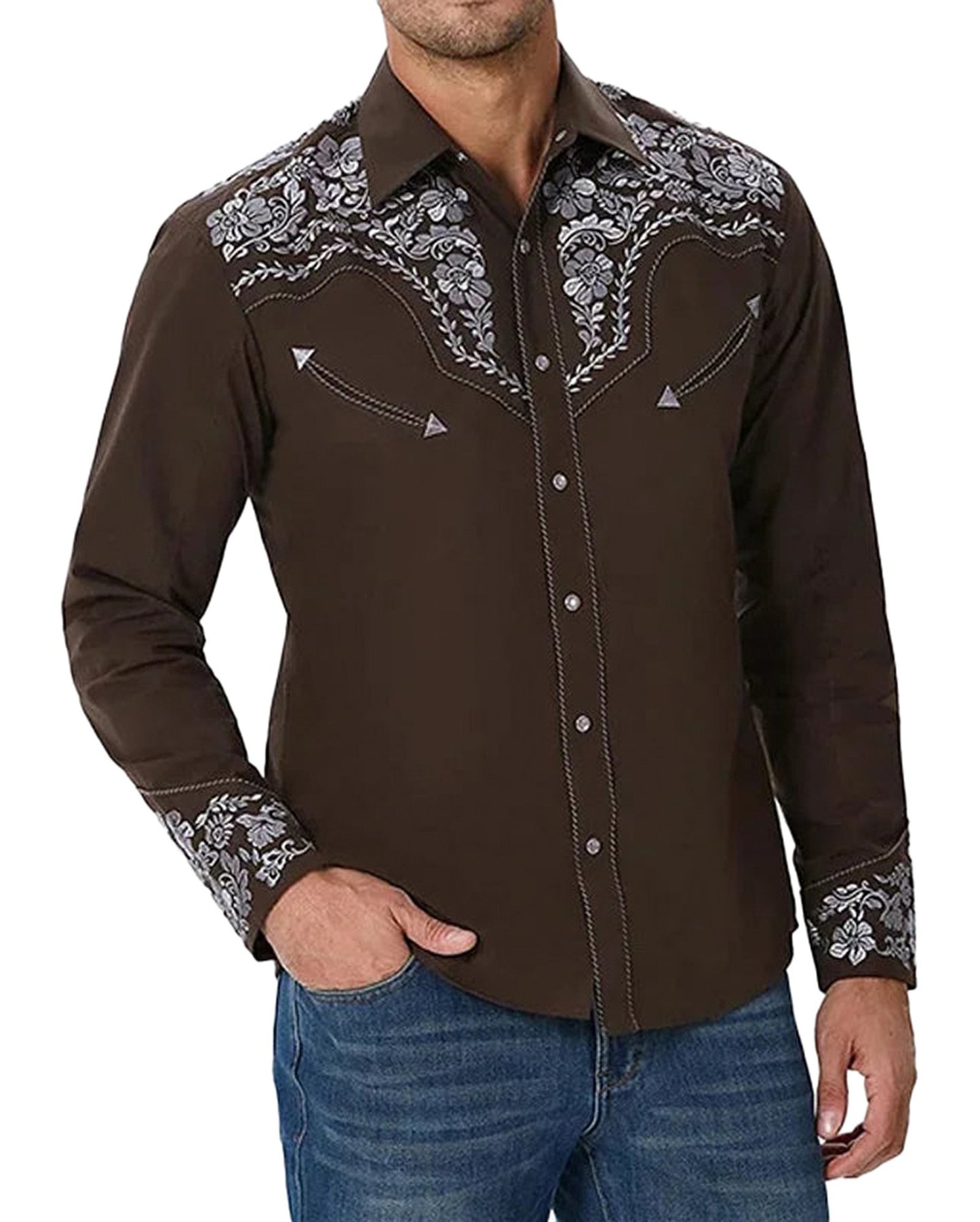 Tribal western men's shirt by LuckeLadybug LLC featuring intricate floral embroidery and a sleek design