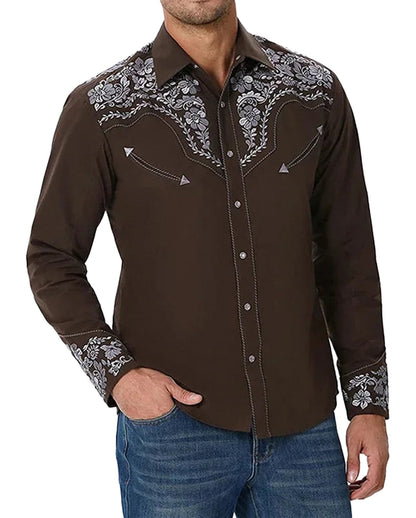 Tribal western men's shirt by LuckeLadybug LLC featuring intricate floral embroidery and a sleek design