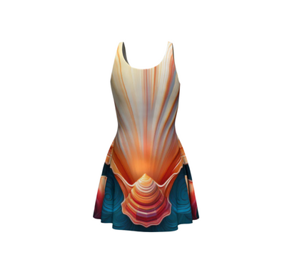 LuckeLAdybug flare dress featuring vibrant tropical shell summer dress print with bold orange and blue tones