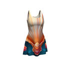 LuckeLAdybug flare dress featuring vibrant tropical shell summer dress design with orange and blue hues