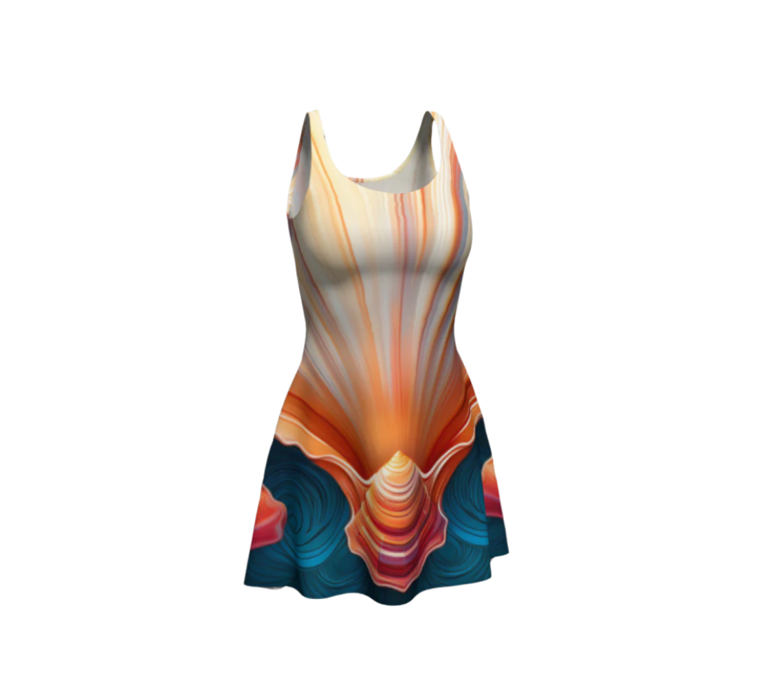 LuckeLAdybug flare dress featuring vibrant tropical shell summer dress design with orange and blue hues