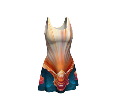 LuckeLAdybug flare dress featuring vibrant tropical shell summer dress design with orange and blue hues