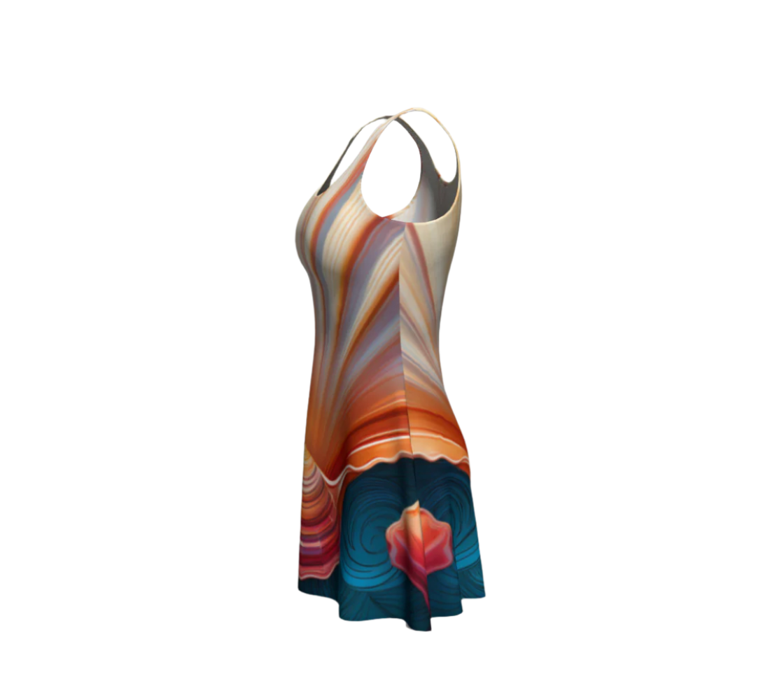 LuckeLAdybug flare dress featuring a colorful tropical shell summer dress pattern with vibrant swirls