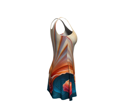 LuckeLAdybug flare dress featuring a vibrant tropical shell summer dress design with blue and orange tones