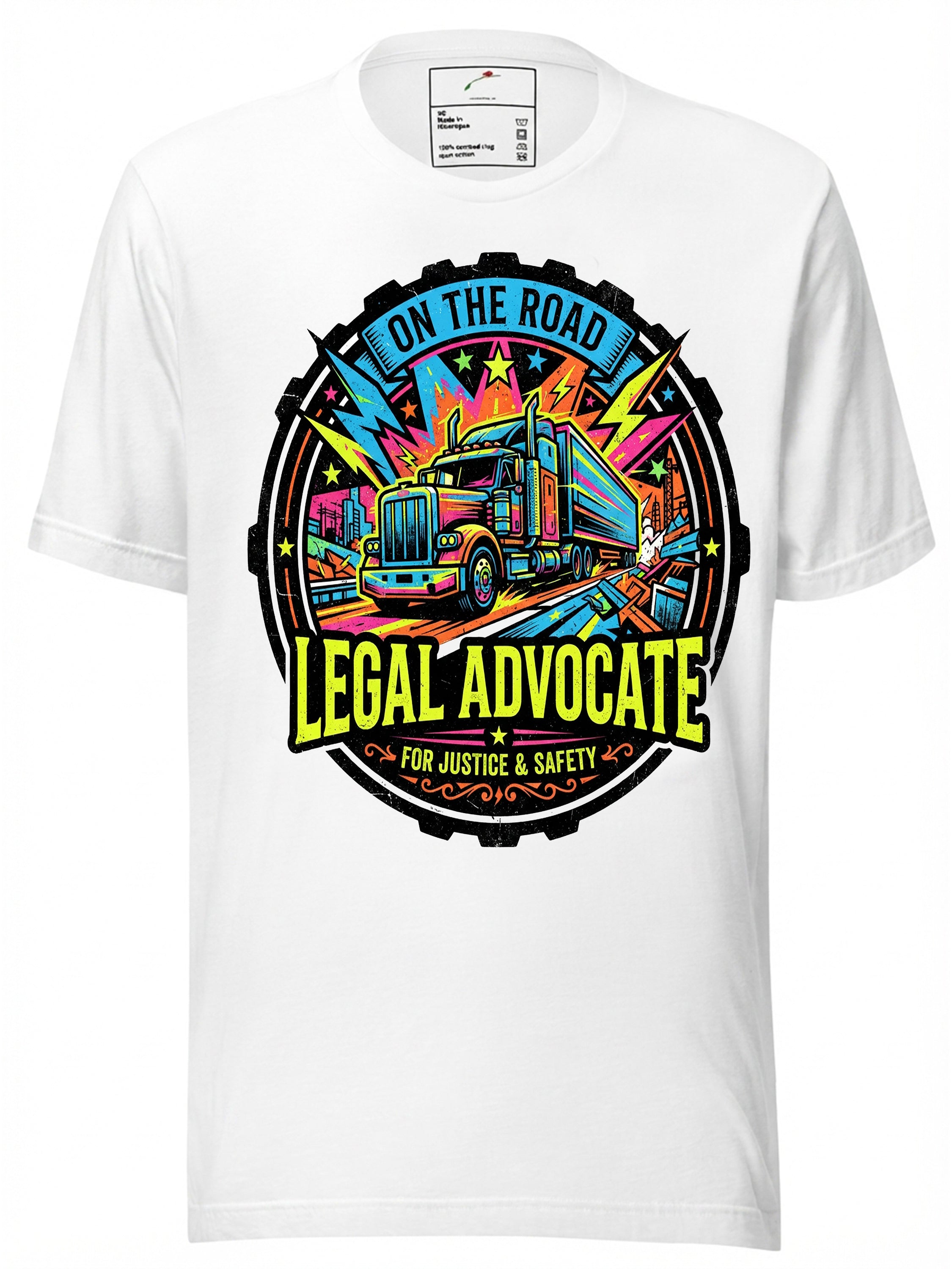 Colorful white T-Shirt featuring 'On The Road Legal Advocate' design for truck accident attorneys near me