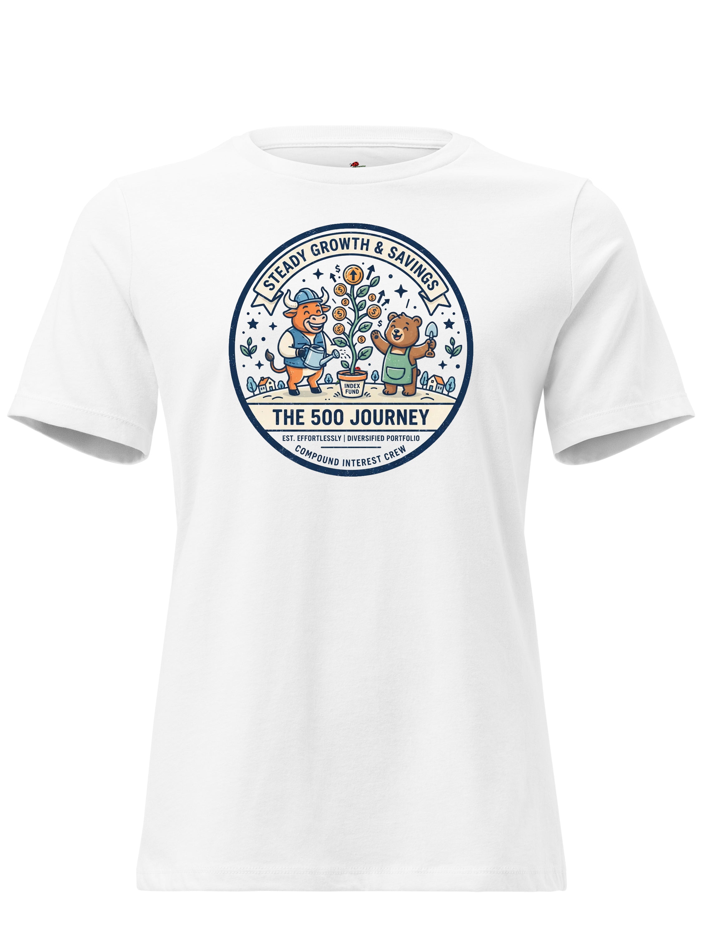 LuckeLadybug LLC White T-Shirt Featuring Standard and Poor 500 Index Fund Design for Financial Enthusiasts