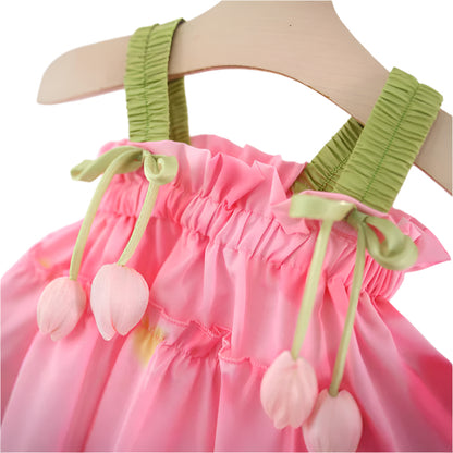 Pink tulip top and shorts outfit with green scrunched straps and decorative tulip flower accents