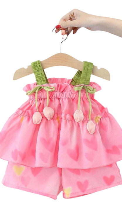 LuckeLadybug pink tulip top and shorts outfit with green straps and tulip bud details for toddlers