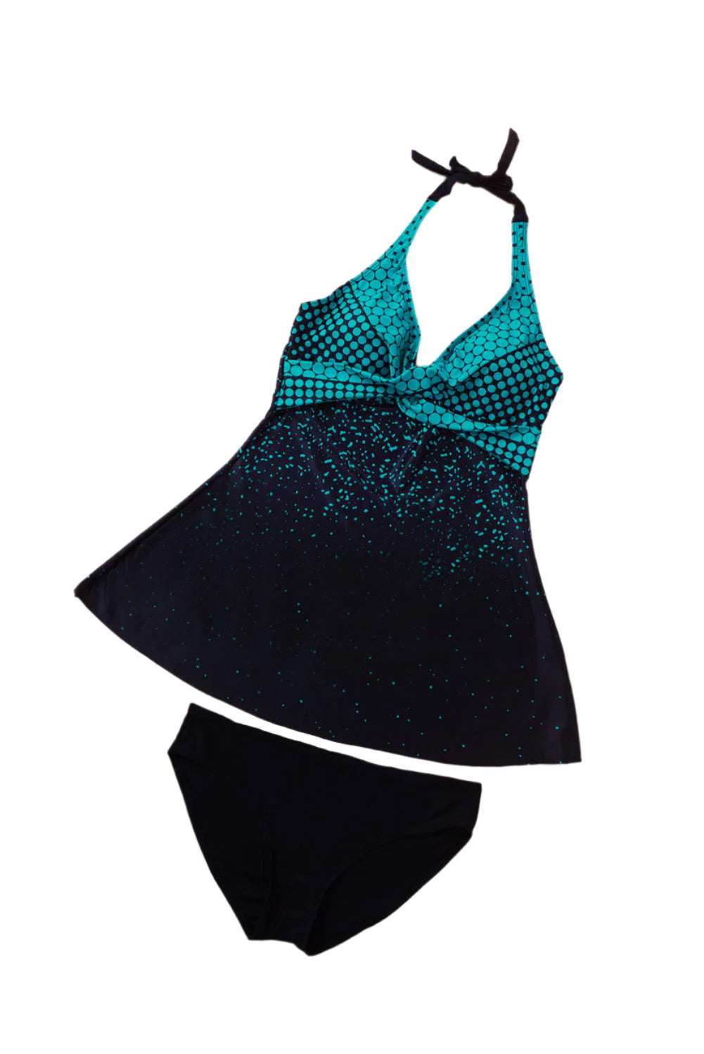 LuckeLadybug LLC turquoise halterneck tankini with patterned top and black bottom swimwear set