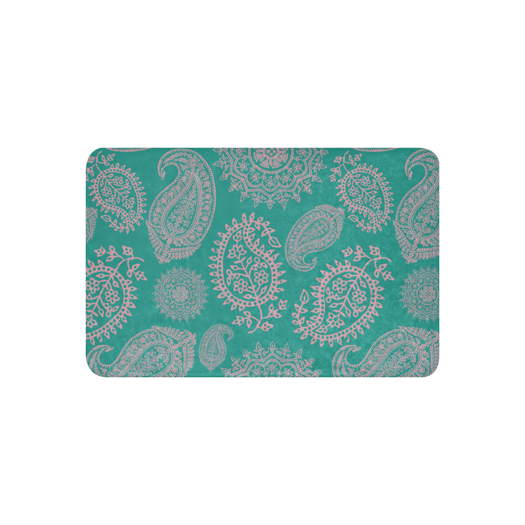 LuckeLadybug turquoise paisley sherpa blanket with intricate paisley patterns in beige