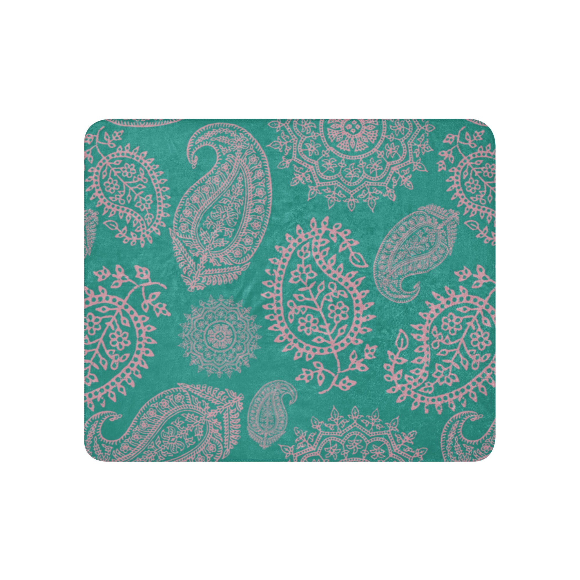 LuckeLadybug turquoise paisley sherpa blanket with intricate beige paisley patterns on soft fabric