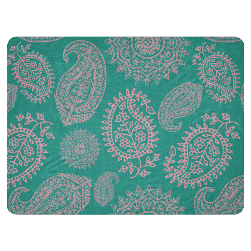 LuckeLadybug turquoise paisley sherpa blanket with intricate floral and paisley patterns