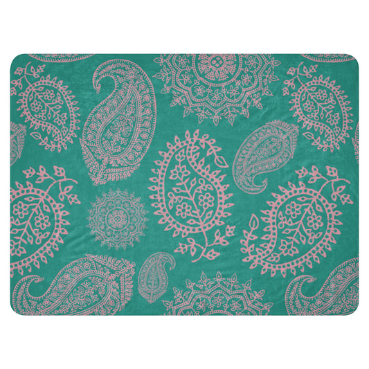 LuckeLadybug turquoise paisley sherpa blanket with intricate floral and paisley patterns