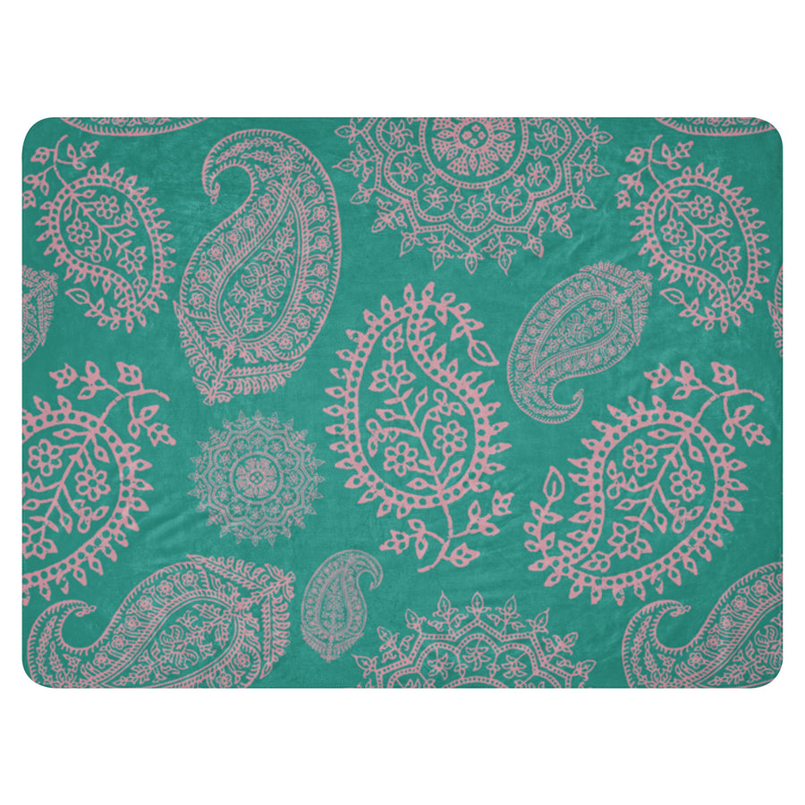 Manta sherpa con estampado paisley turquesa | Ropa de cama suave y acogedora de inspiración bohemia