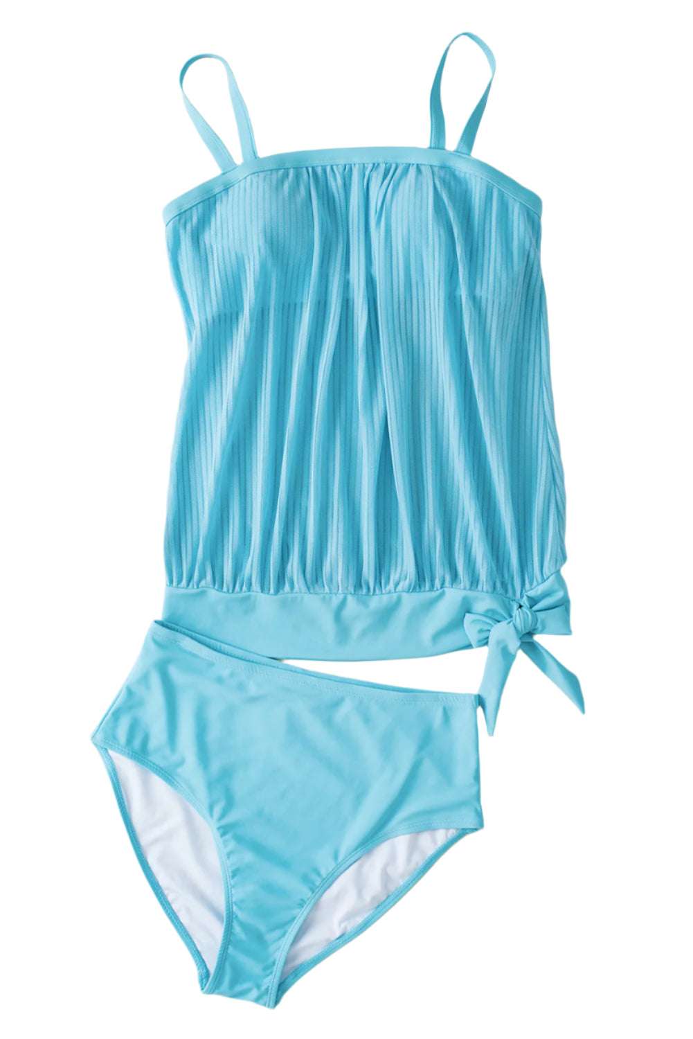 LuckeLadybug LLC turquoise tankini swimsuit with pleated top and high-waisted bottoms