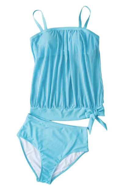 LuckeLadybug LLC turquoise tankini swimsuit with pleated top and high-waisted bottoms