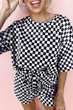 LuckeLadybug LLC Black and White Checkered Two Piece Pants Set Casual with Drawstring Shorts