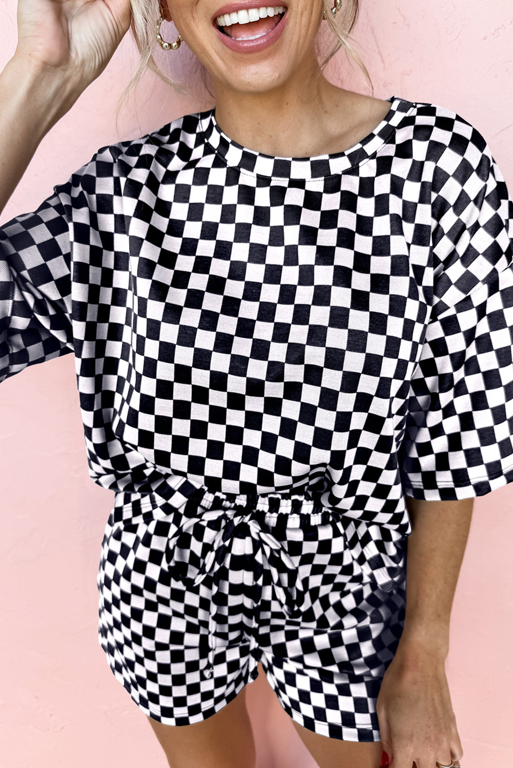 LuckeLadybug LLC Black and White Checkered Two Piece Pants Set Casual with Drawstring Shorts