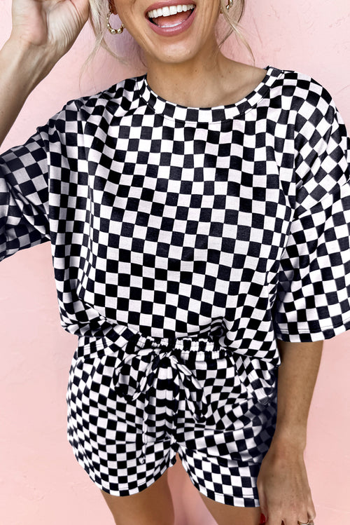 LuckeLadybug LLC Black and White Checkered Two Piece Pants Set Casual with Drawstring Shorts