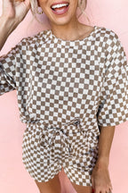 LuckeLadybug LLC two piece pants set casual featuring a brown and white checker pattern and a drawstring waist