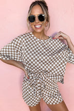 LuckeLadybug LLC two piece pants set casual in brown checkered design with tied shorts and short sleeves