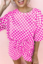 Bright pink checkered two piece pants set casual with comfortable fit for relaxed outings