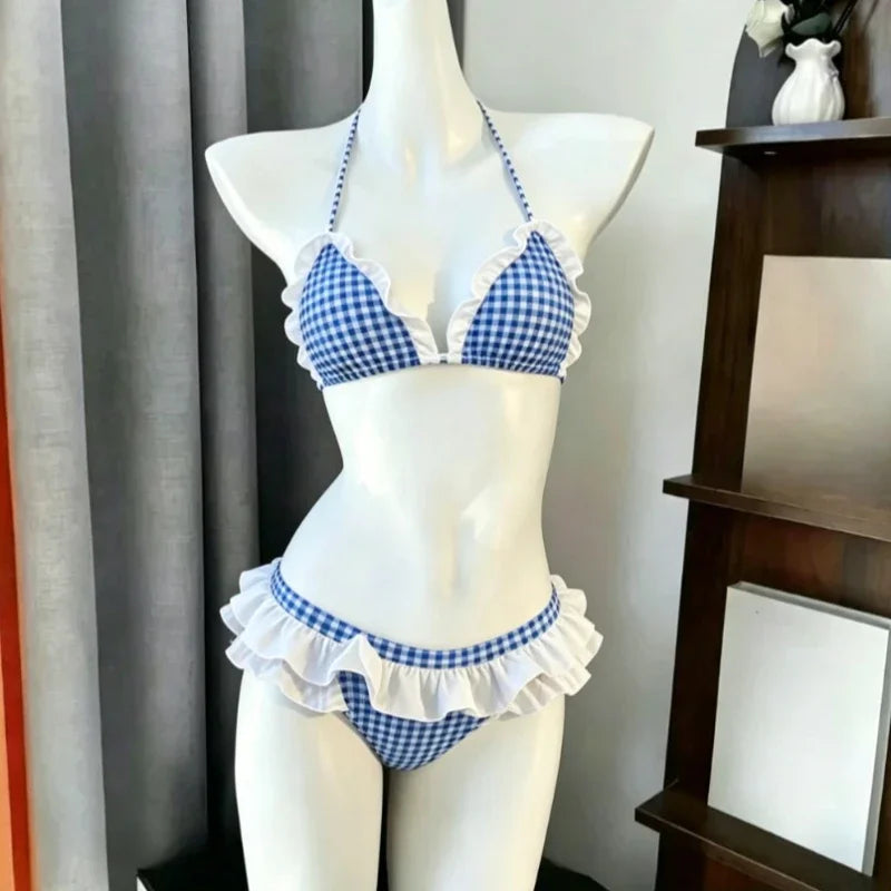 LuckeLadybug LLC High Waist Bikini in Blue Gingham with Ruffle Details, a stylish two piece swimsuit