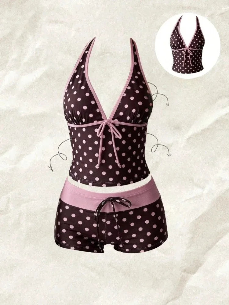 LuckeLadybug LLC High Waist Bikini in Black with Pink Polka Dots, a stylish two piece swimsuit