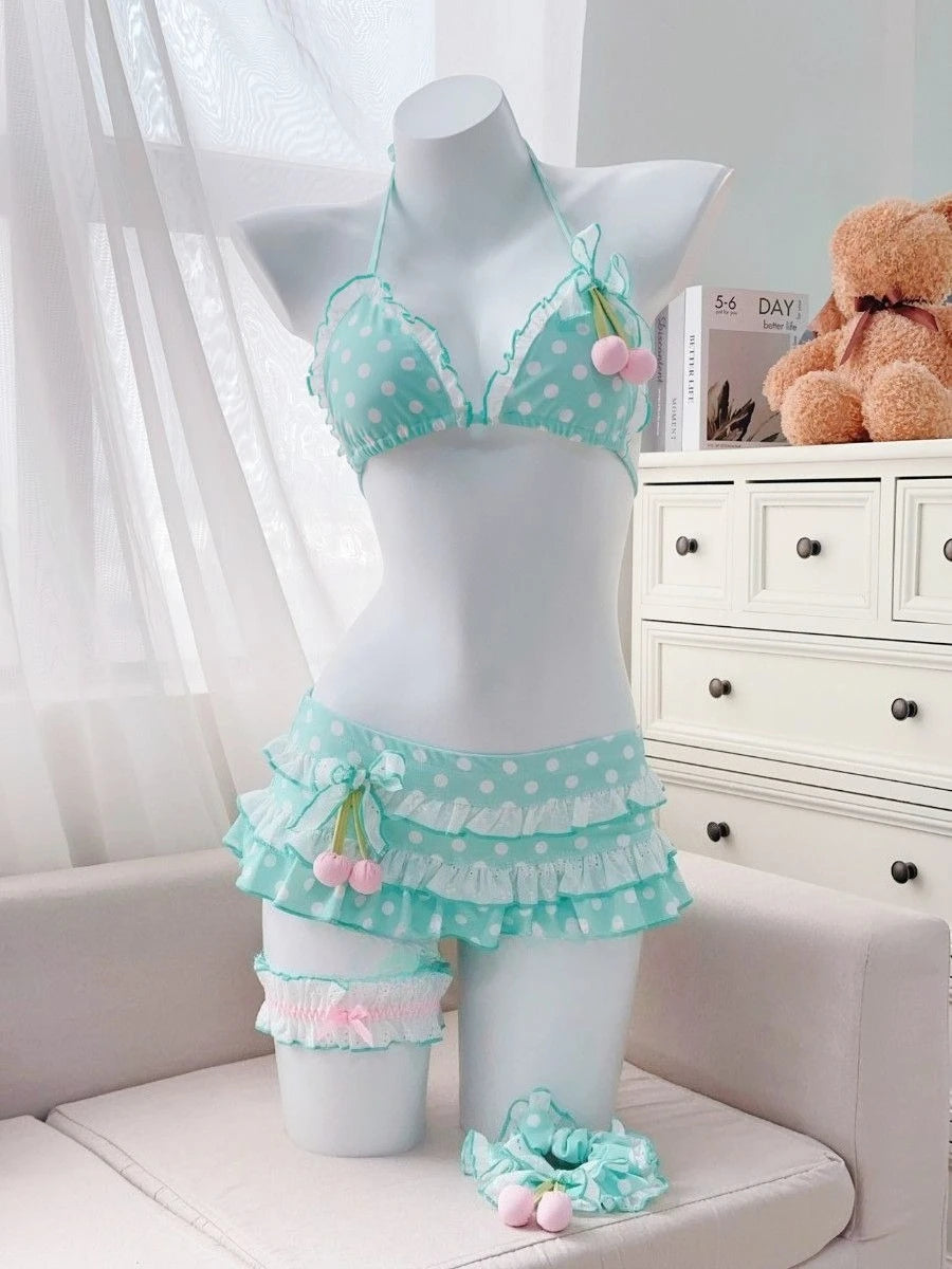 LuckeLadybug LLC High Waist Bikini in Aqua with Ruffles and Polka Dots, ideal two piece swimsuit for summer