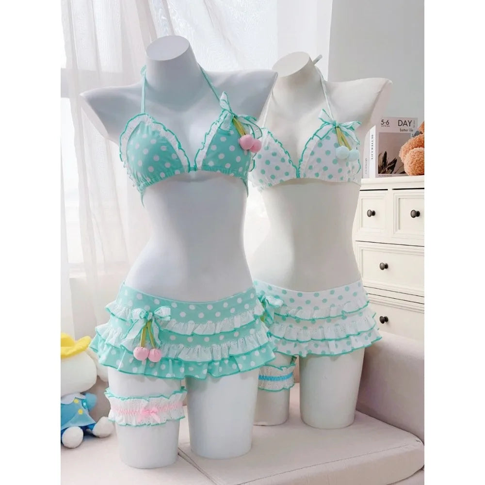 LuckeLadybug LLC High Waist Bikini Set in Mint Green with Ruffled Skirt and Polka Dots, a stylish two piece swimsuit
