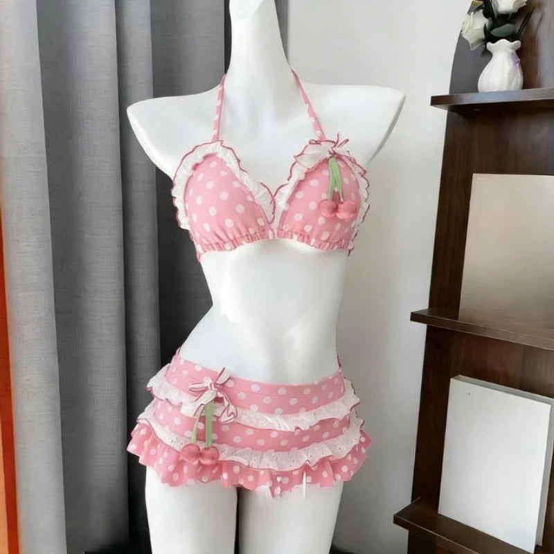 LuckeLadybug High Waist Bikini in Pink with Polka Dots, a stylish two piece swimsuit for summer fun.