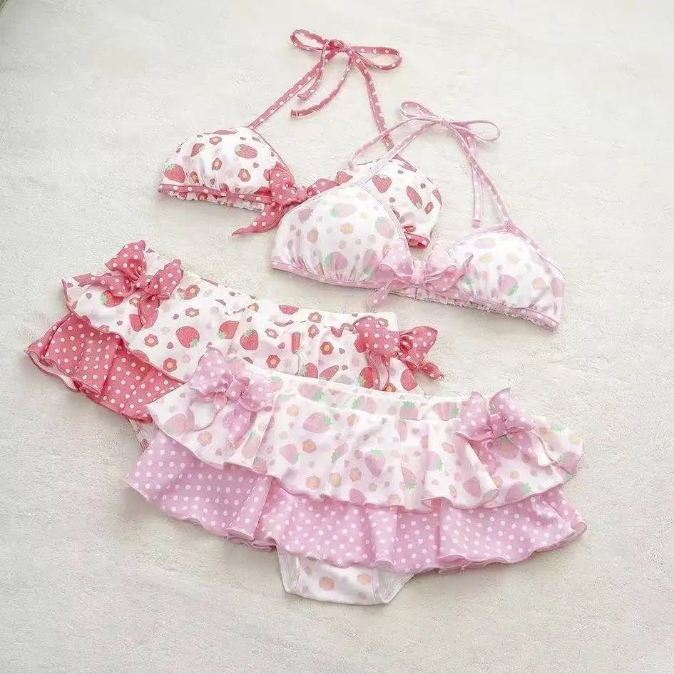 LuckeLadybug LLC High Waist Bikini featuring a two piece swimsuit with playful polka dot and fruit designs