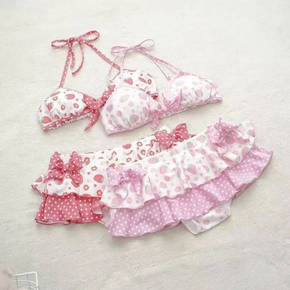 LuckeLadybug LLC High Waist Bikini in Pink with Ruffled Design, a cute two piece swimsuit for summer styles