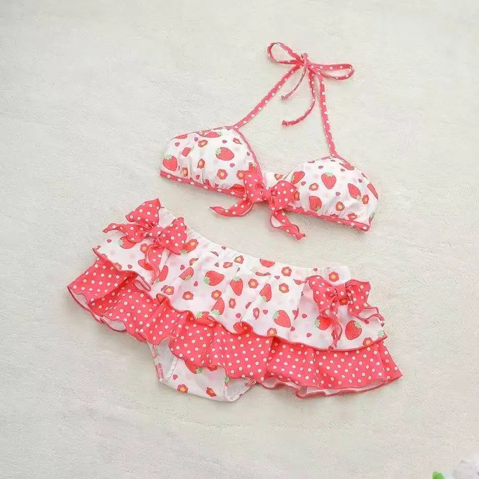 LuckeLadybug LLC High Waist Bikini in Pink with Strawberry Print, a stylish two piece swimsuit