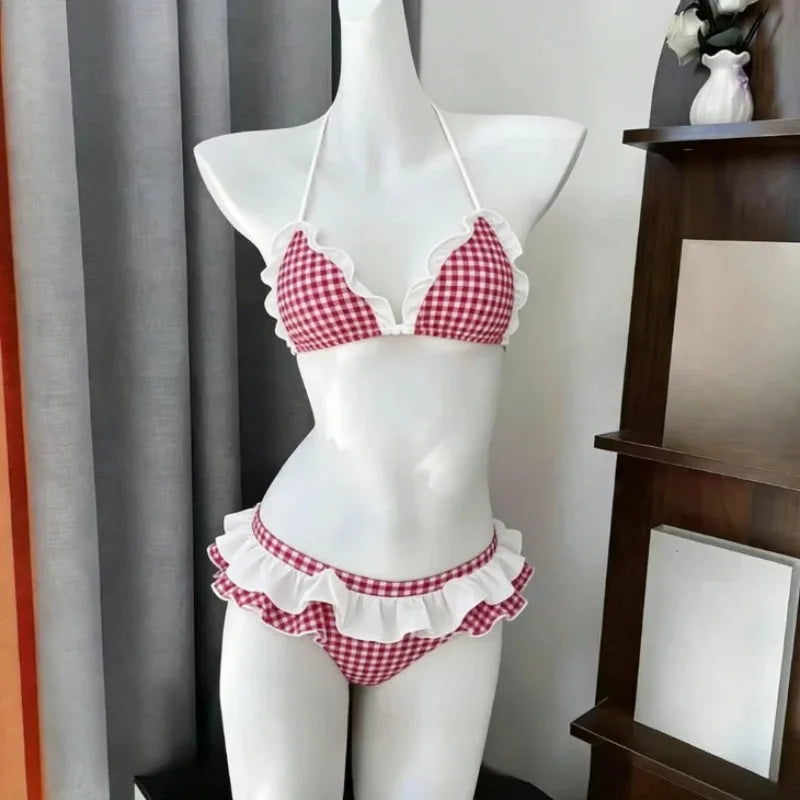 LuckeLadybug LLC High Waist Bikini Set featuring red and white gingham pattern as a stylish two piece swimsuit