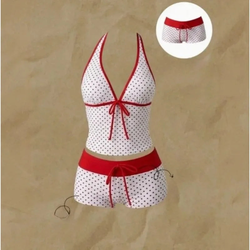 LuckeLadybug LLC High Waist Bikini in White with Red Polka Dots, a stylish two piece swimsuit