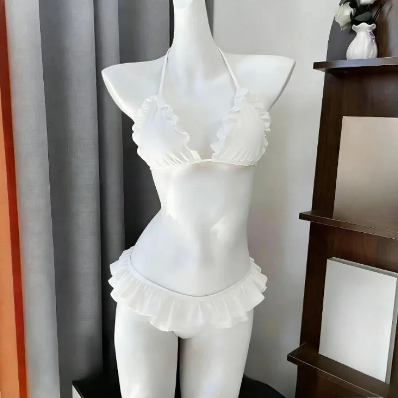 LuckeLadybug High Waist Bikini in White, stylish two piece swimsuit with ruffle details