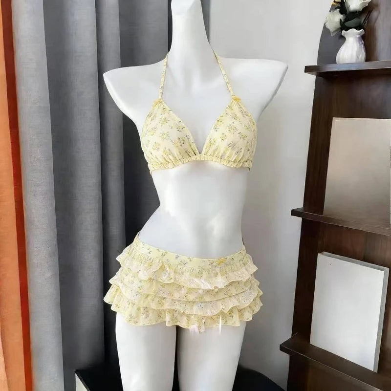 LuckeLadybug LLC High Waist Bikini in Yellow Floral Design, perfect two piece swimsuit for summer fun