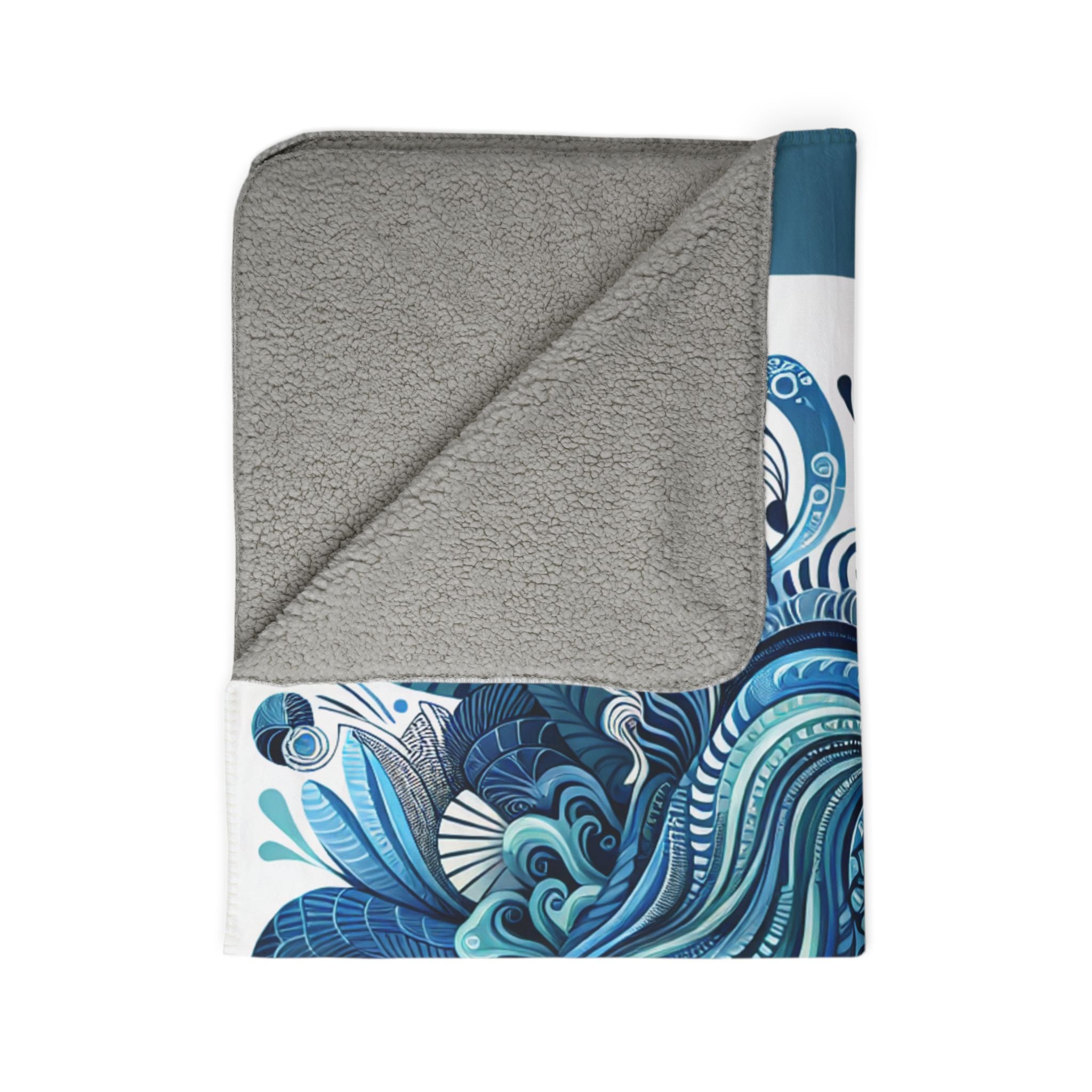 LuckeLadybug sherpa blanket with blue floral design and soft gray sherpa reverse ultra comfort throw blanket