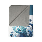 LuckeLadybug sherpa blanket with gray plush side and blue floral patterned ultra comfort throw blanket