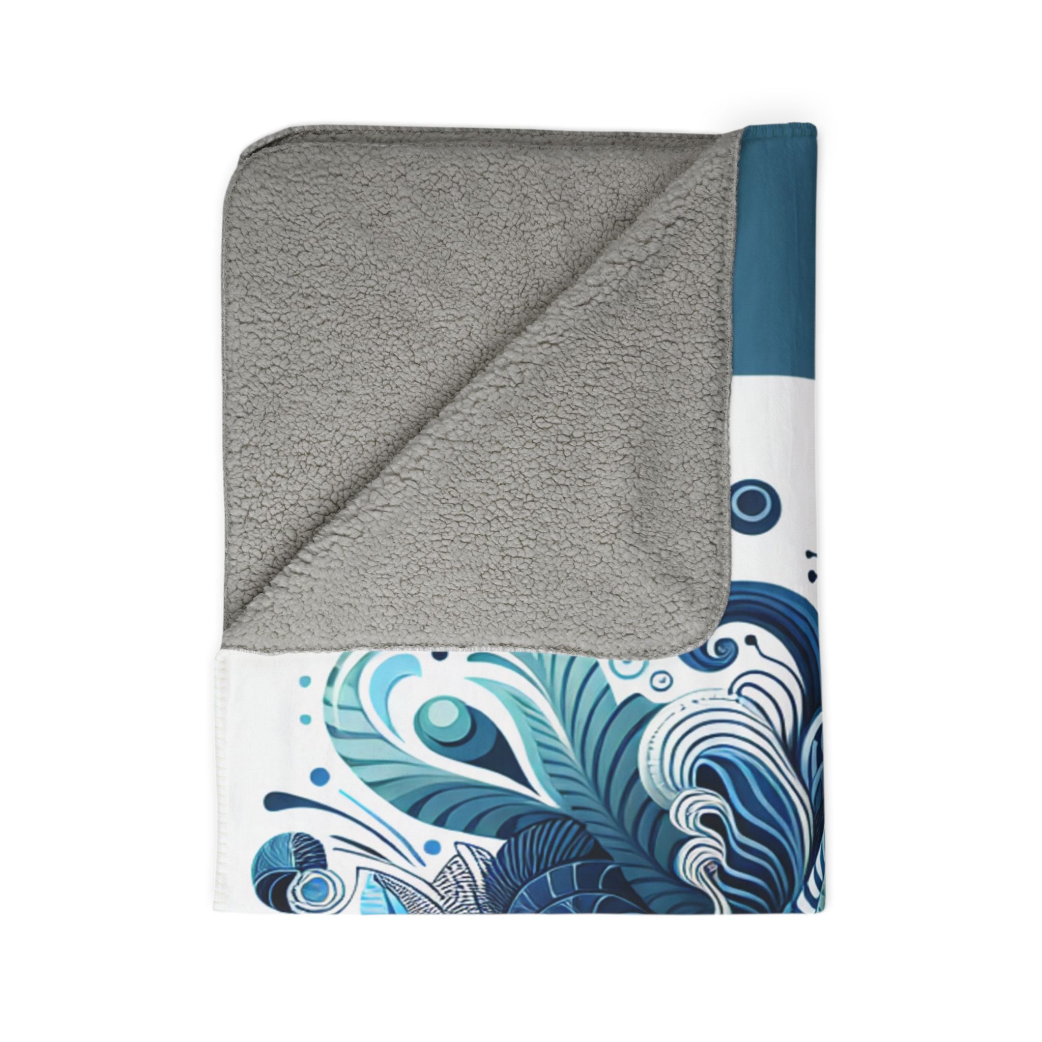 LuckeLadybug sherpa blanket with gray plush side and blue floral patterned ultra comfort throw blanket