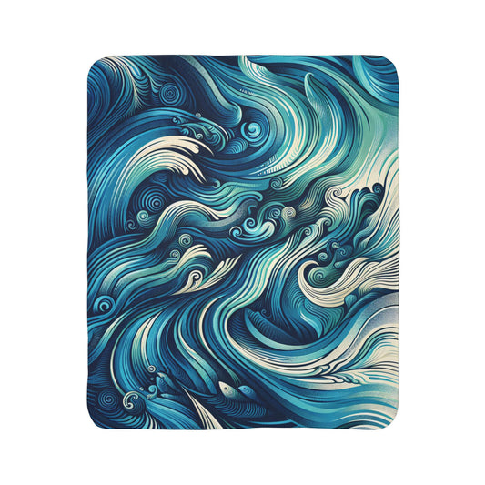 LuckeLadybug sherpa blanket with blue and teal swirling wave design ultra-cozy throw blanket